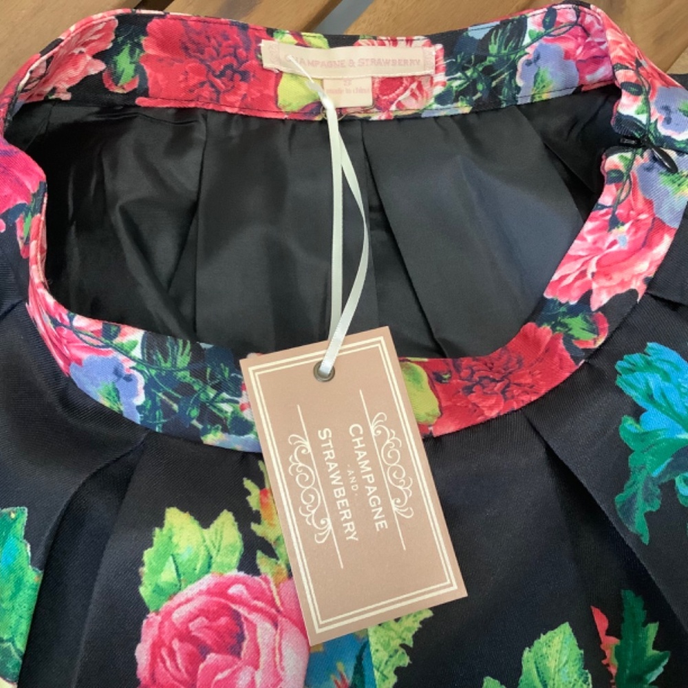 Modern Vintage Volume Pleated A Line Skirt Pocket Floral Vivid Red Yellow Black - Picture 5 of 6